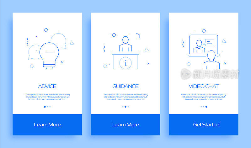 帮助和支持概念Onboarding移动应用程序页面屏幕与平面图标。UX, UI设计模板矢量插图